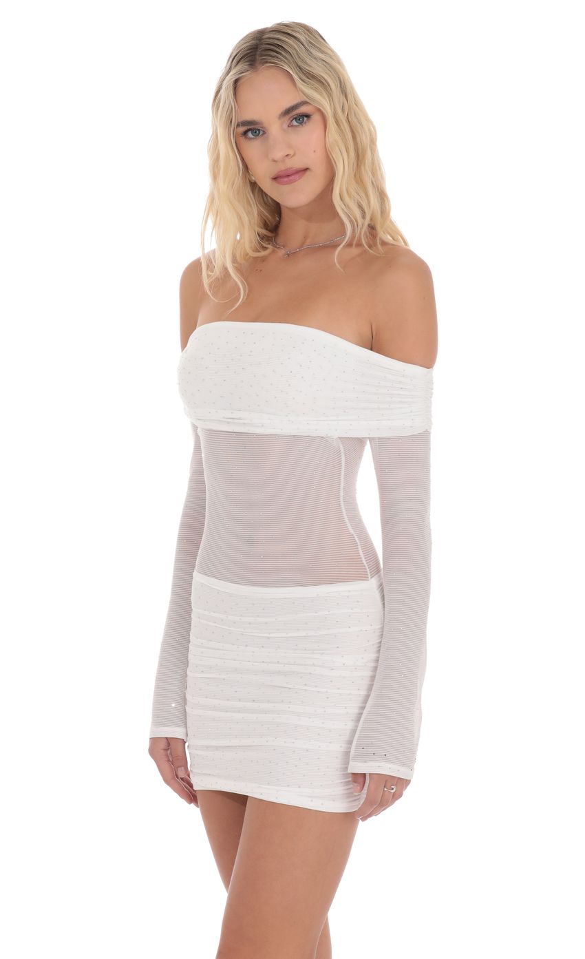 Lucy In The Sky Rhinestone Mesh Off Shoulder Dress in White