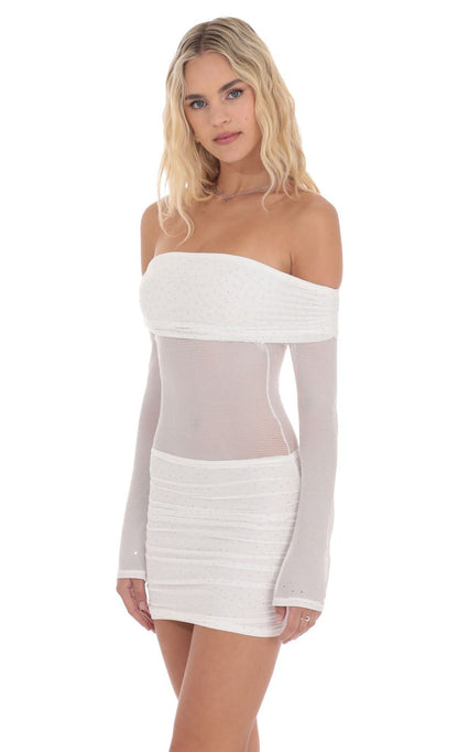 Lucy In The Sky Rhinestone Mesh Off Shoulder Dress in White