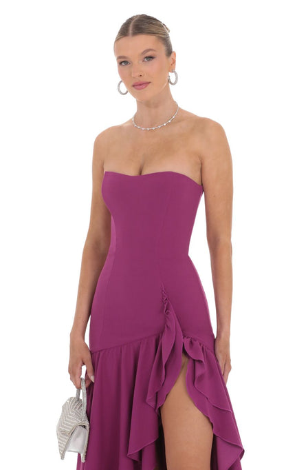 Lucy in the Sky Fishtail Strapless Corset Maxi Dress in Plum