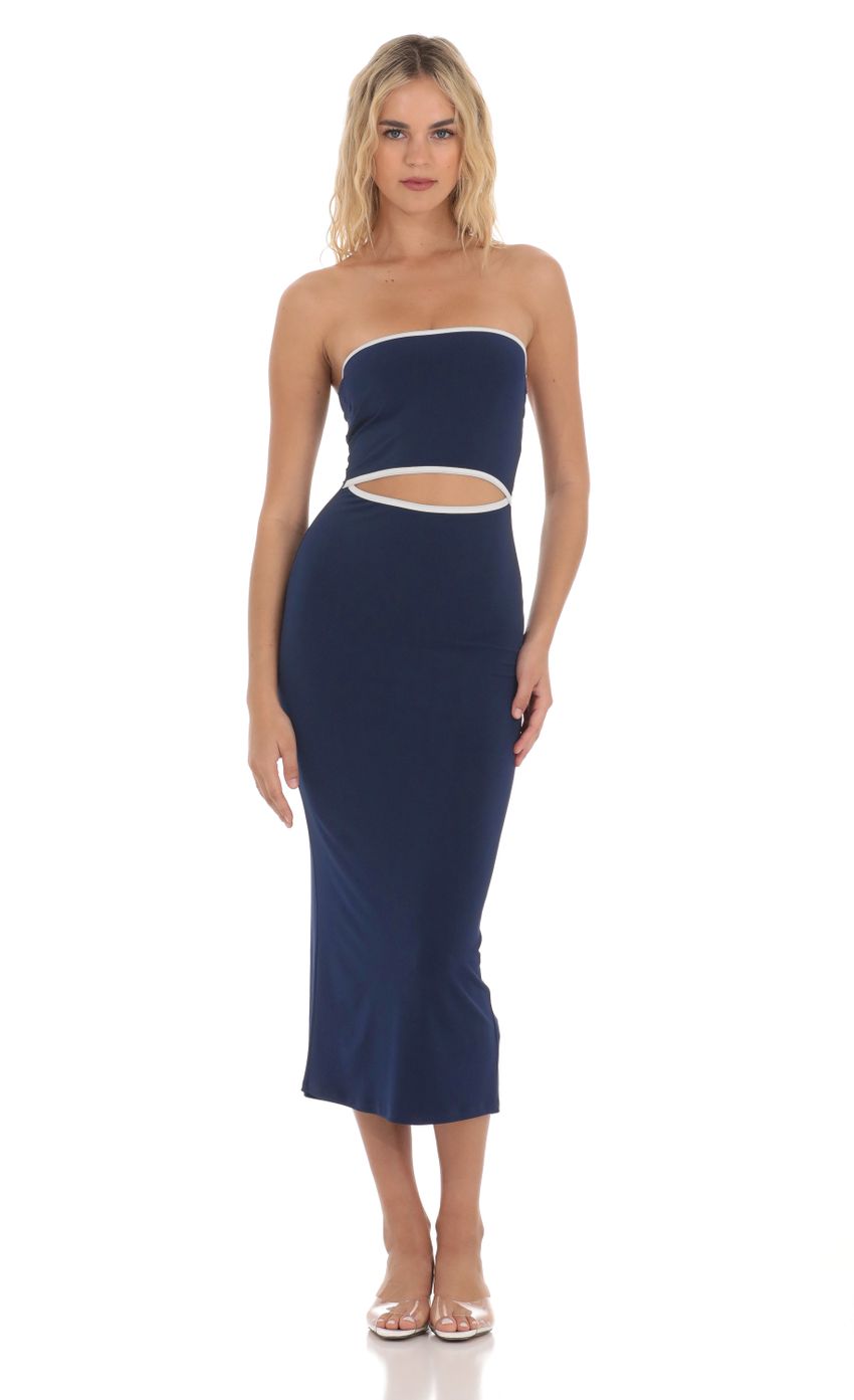 Lucy In The Sky Cutout Strapless Midi Dress in Navy