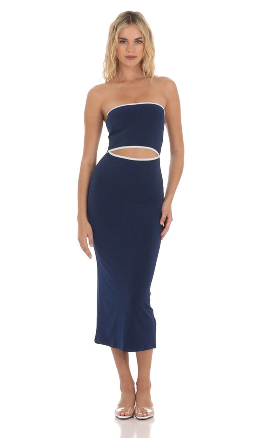Lucy In The Sky Cutout Strapless Midi Dress in Navy