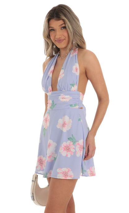 Lucy In The Sky Floral Halter Dress in Lavender