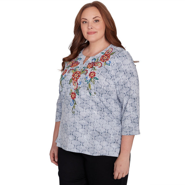 Alfred Dunner Women's Textured Floral Embroidered Split Neck Top