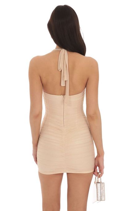 Lucy In The Sky Shimmer Ruched Bodycon Dress in Nude Gold