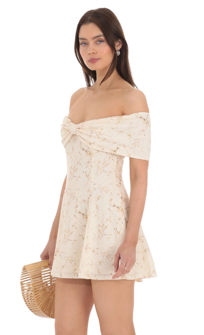 Lucy In The Sky Front Bow Floral Off Shoulder Dress in Cream