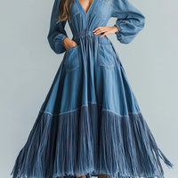 Ursime Denim V Neck Puff Sleeve Pocket Fringe Maxi Dress