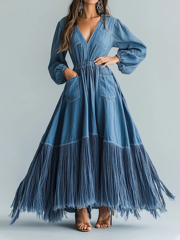 Ursime Denim V Neck Puff Sleeve Pocket Fringe Maxi Dress