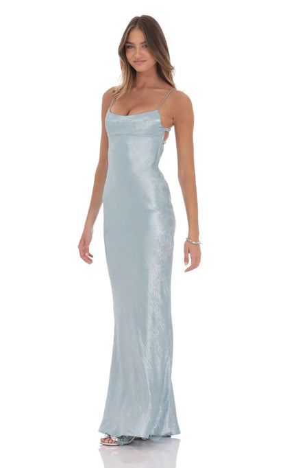 Lucy in the Sky Crinkle Satin Open Back Maxi Dress in Sky Blue