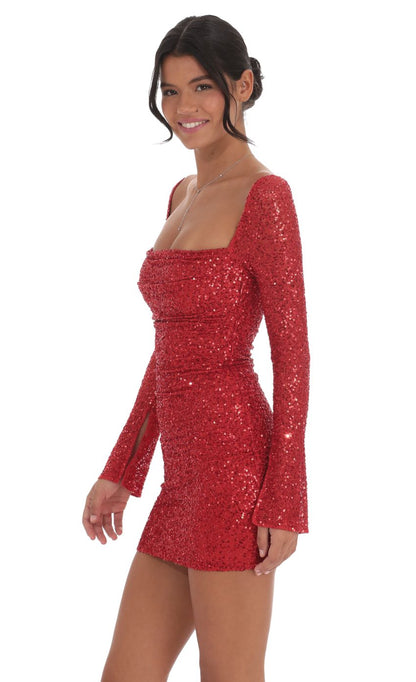 Lucy In The Sky Sequin Long Sleeve Dress in Red