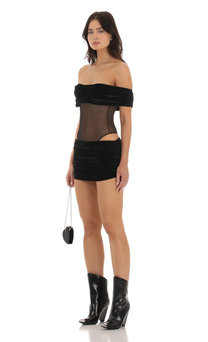 Lucy In The Sky Velvet Off Shoulder Two Piece Set in Black