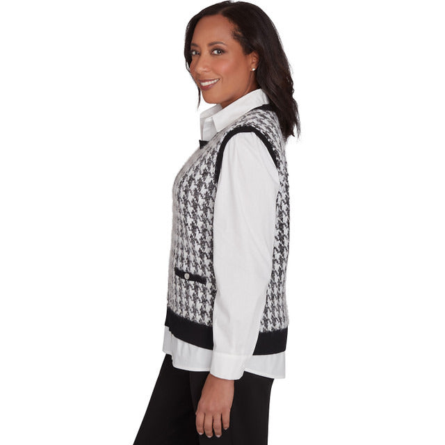 Alfred Dunner Women's Collared Houndstooth Vest Two In One Sweater