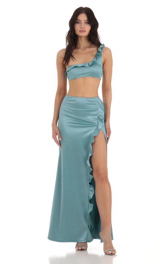 Lucy In The Sky Satin Ruffle Two Piece Set in Blue