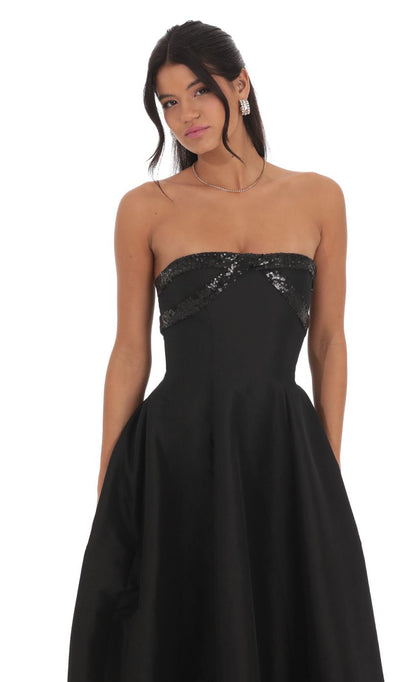 Lucy In The Sky Sequin Draped Strapless Gown in Black