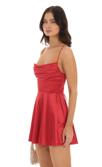 Lucy In The Sky Satin Cowl Neck Dress in Red