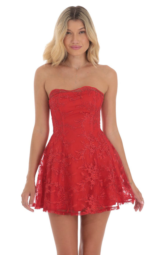 Lucy In The Sky Embroidered Floral Strapless Dress in Red
