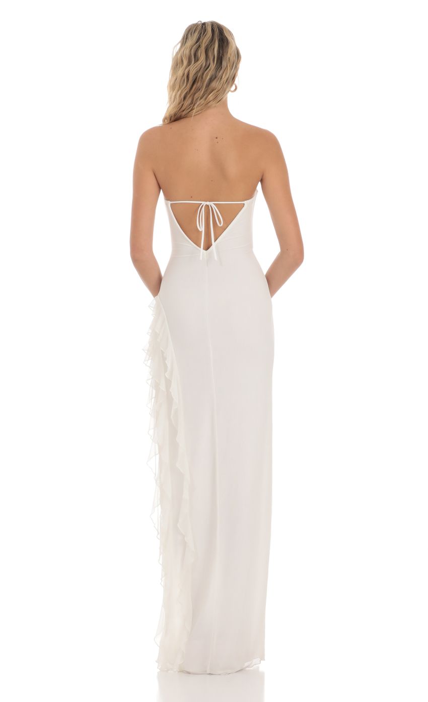 Lucy in the Sky Mesh Strapless Triple Ruffle Maxi Dress in White