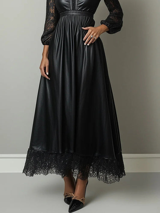 Ursime Lace Lantern Sleeve PU Leather Maxi Dress