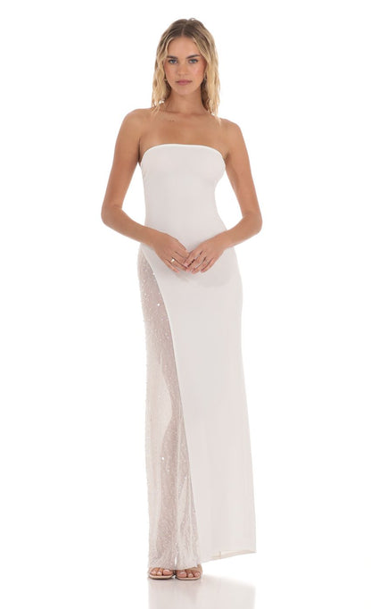 Lucy in the Sky Strapless Mesh Sequin Slit in White