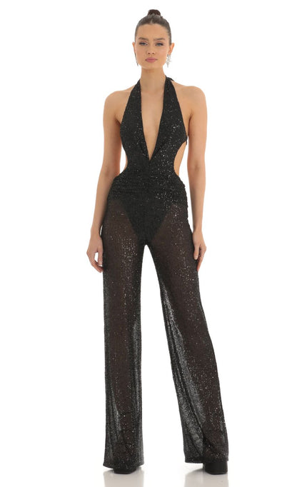 Lucy In The Sky Sequin Plunge Halter Jumpsuit in Black