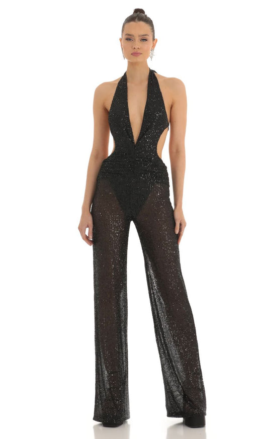 Lucy In The Sky Sequin Plunge Halter Jumpsuit in Black