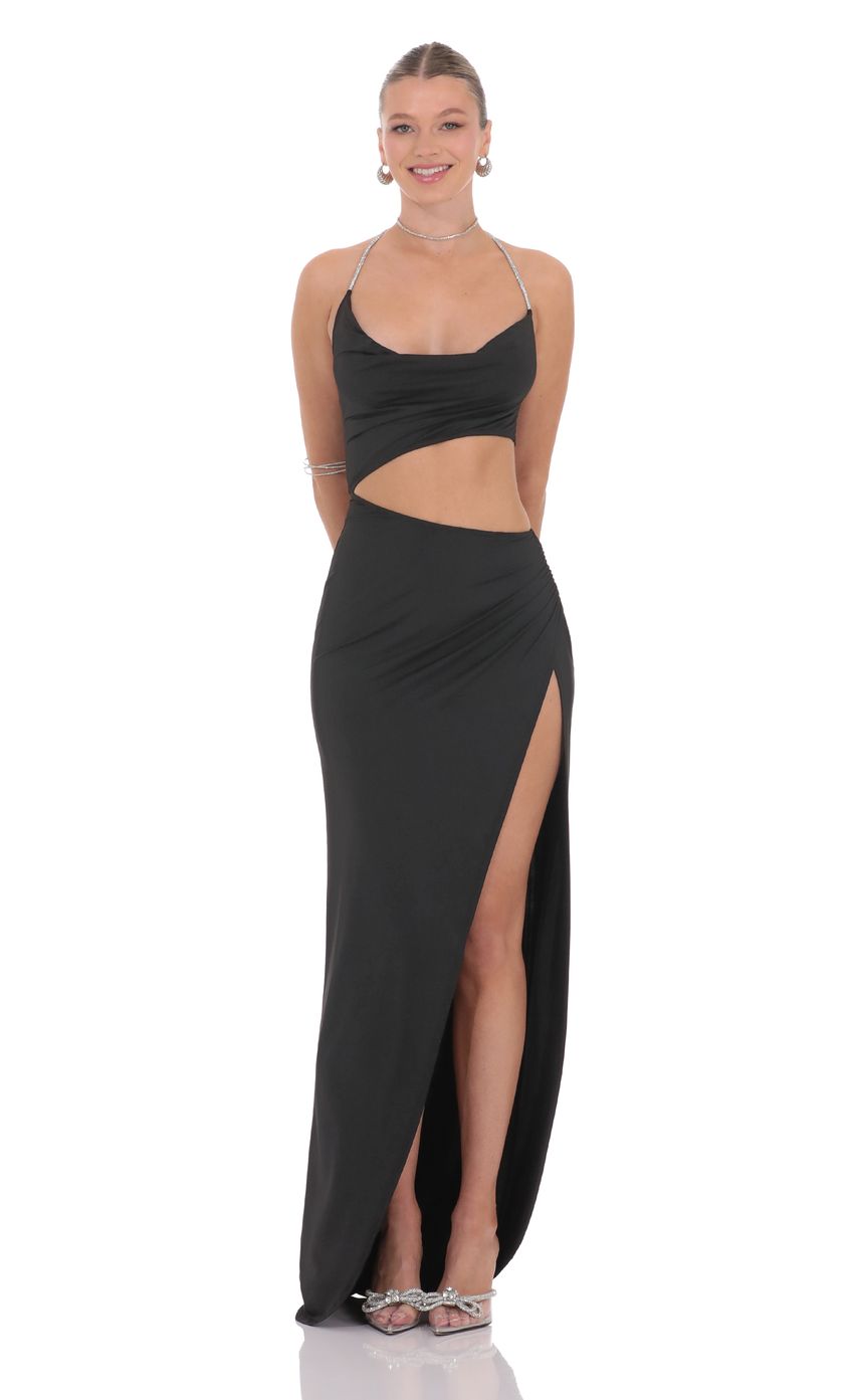 Lucy in the Sky Rhinestone Cutout Maxi Dress in Black