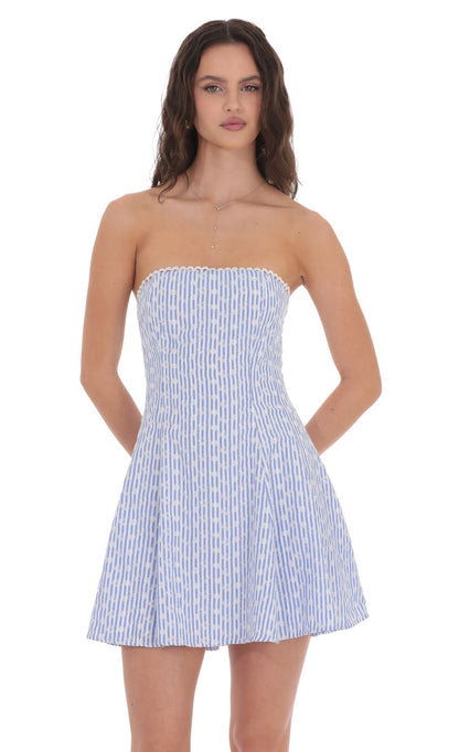 Lucy In The Sky Striped Floral Strapless Dress in Blue and White