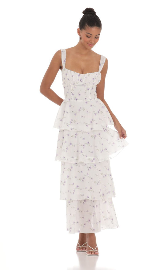 Lucy In The Sky Floral Ruffle Maxi Dress in White