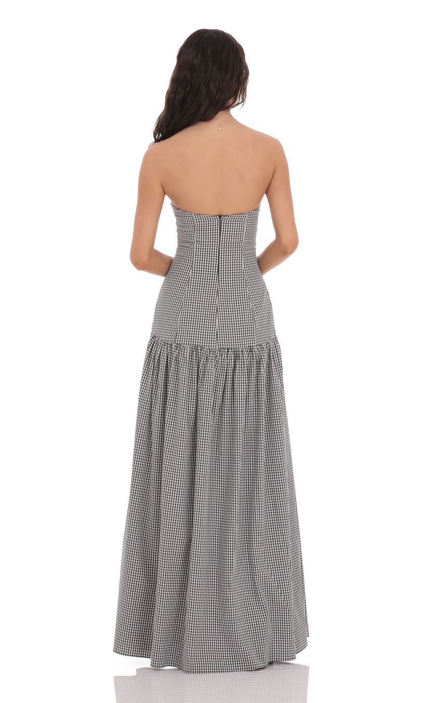 Lucy In The Sky Gingham Strapless Drop Waist Maxi Dress in Black
