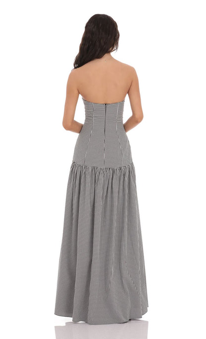 Lucy In The Sky Gingham Strapless Drop Waist Maxi Dress in Black