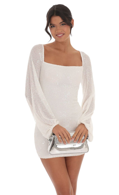 Lucy In The Sky Sequin Balloon Sleeve Dress in White
