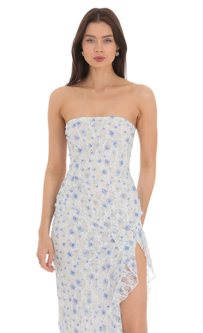 Lucy In The Sky Strapless Floral Lace Ruffle Slit Dress in Pastel Blue