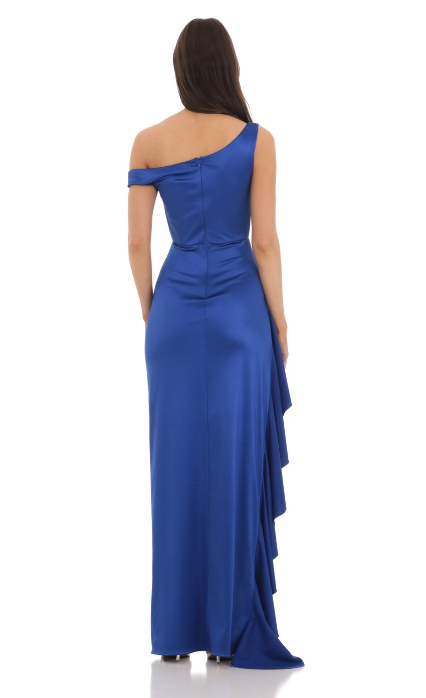 Lucy In The Sky Satin Off Shoulder Maxi Dress in Blue