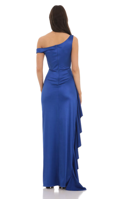 Lucy In The Sky Satin Off Shoulder Maxi Dress in Blue