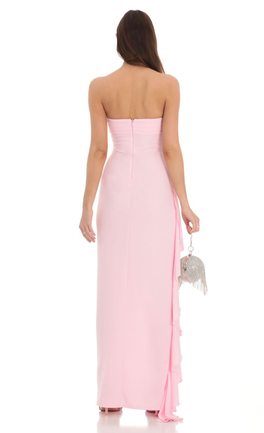 Lucy In The Sky Strapless Ruched Ruffle Maxi Dress in Pink