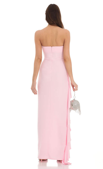 Lucy In The Sky Strapless Ruched Ruffle Maxi Dress in Pink