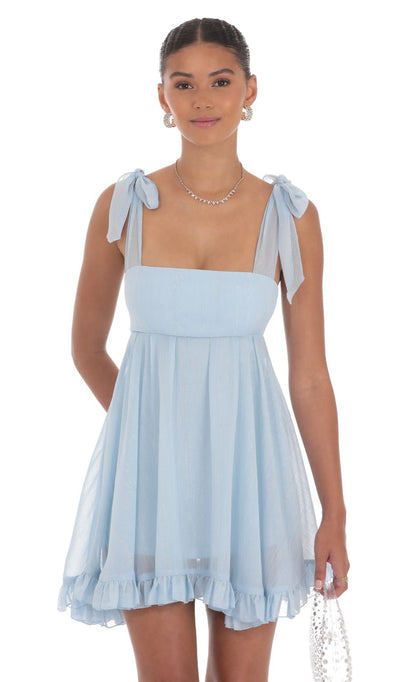Lucy In The Sky Shimmer Ruffle Babydoll Dress in Blue