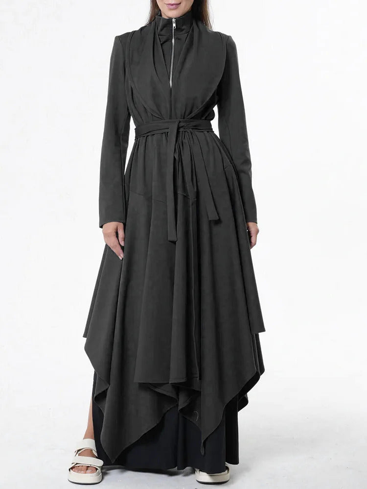 Ursime Stand Collar Half Zip Irregular Hem Belt Maxi Dress