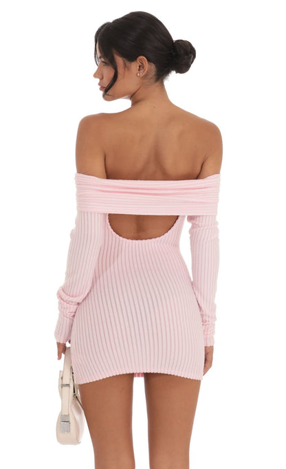 Lucy in the Sky Ribbed Off Shoulder Open Back Dress in Pink