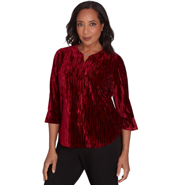 Alfred Dunner Women's Crushed Velvet Beaded Split Neck Top