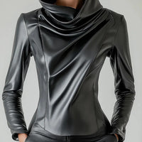 Ursime Cowl Neck Long Sleeve PU Leather Blouse