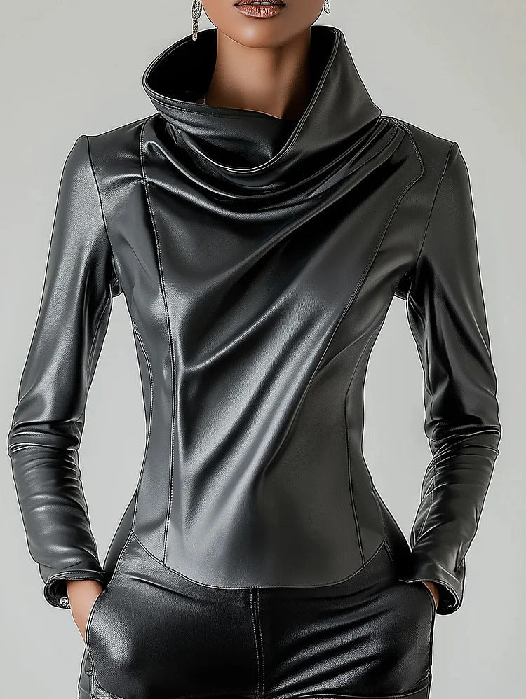 Ursime Cowl Neck Long Sleeve PU Leather Blouse