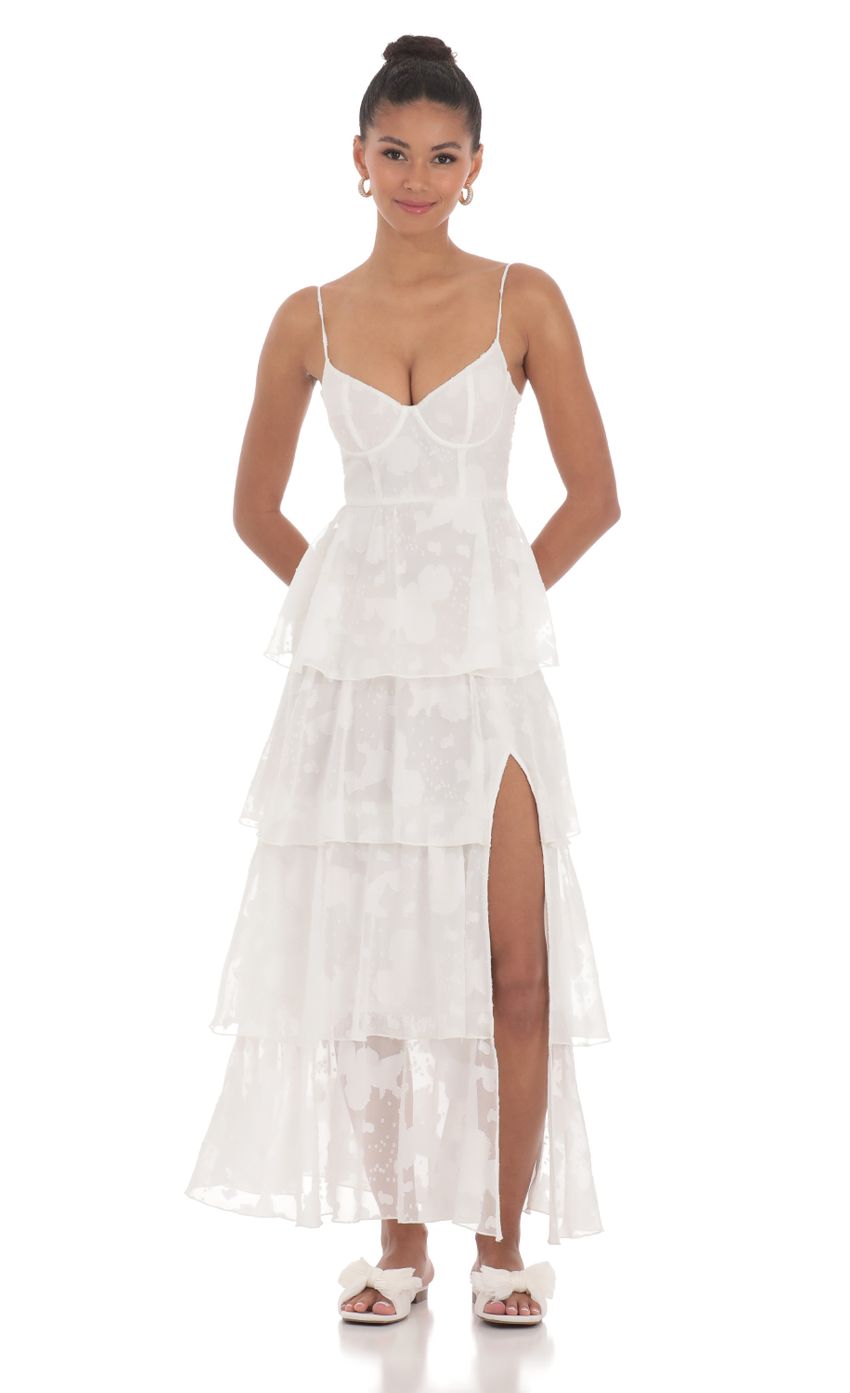 Lucy in the Sky Satin Floral Ruffle A-line Maxi Dress in White