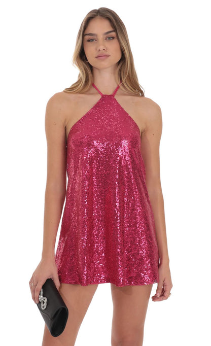 Lucy In The Sky Sequin Halter Dress in Pink