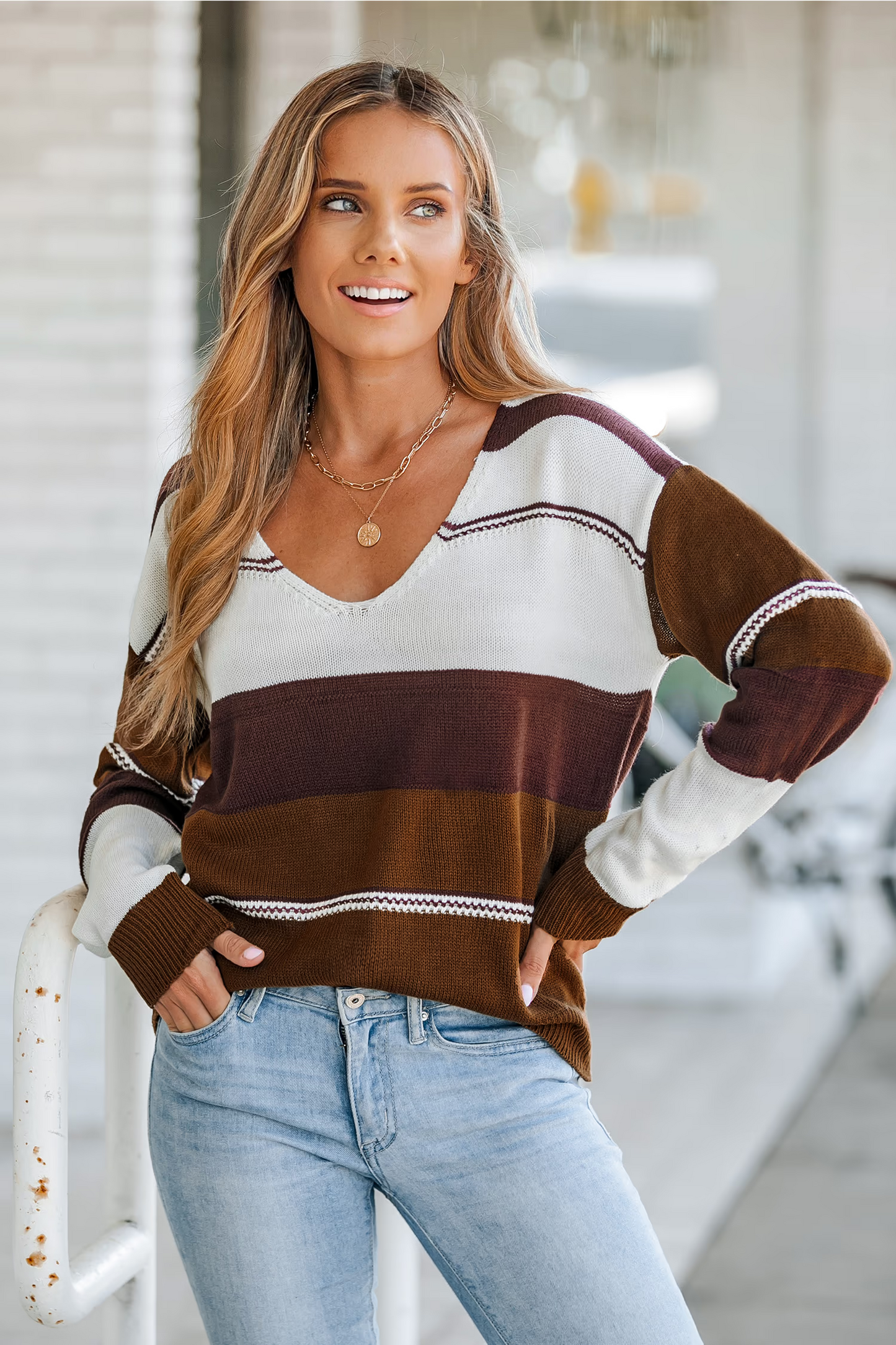 Cupshe Coffee Striped V-Neck Sweater (x3)