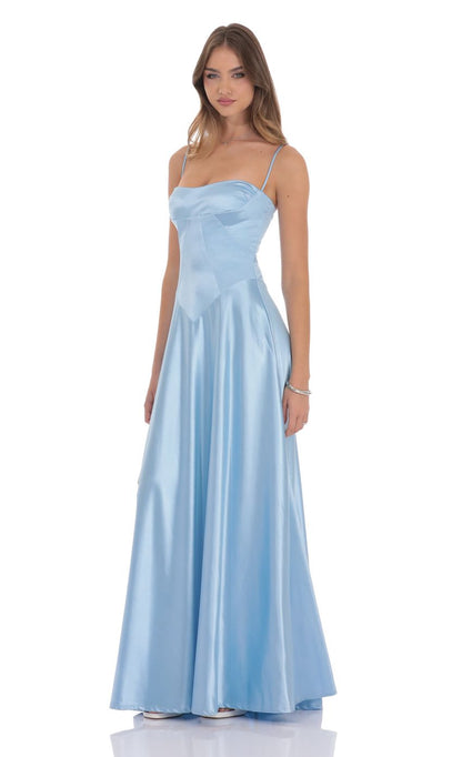 Lucy In The Sky Satin Square Neck Maxi Dress in Light Blue