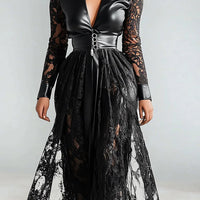 Ursime PU Leather Lace Splicing Deep V Neck Maxi Dress