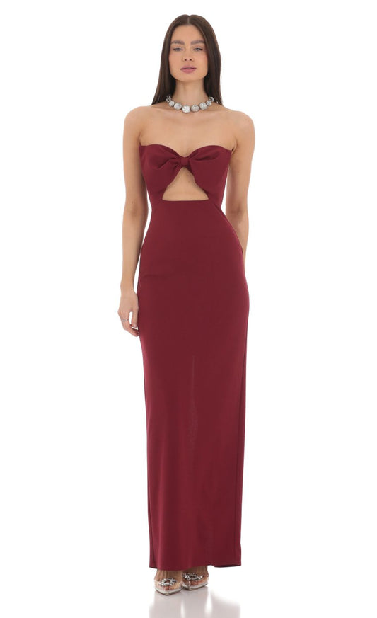 Lucy In The Sky Bow Cutout Strapless Maxi Dress in Maroon
