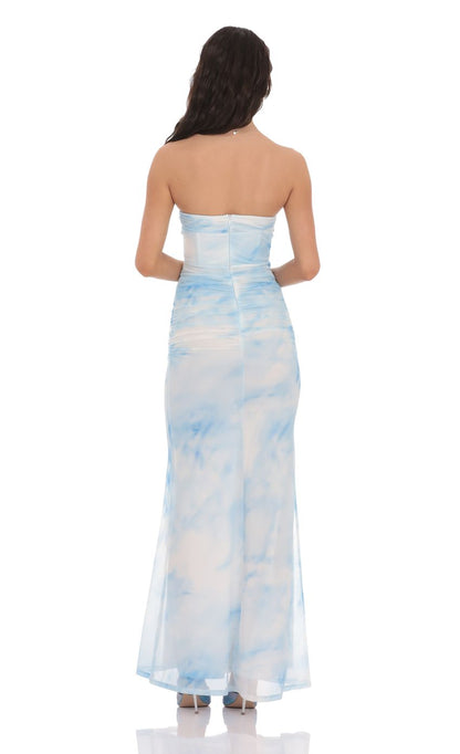 Lucy In The Sky Mesh Strapless Corset Maxi Dress in Blue Tie Dye