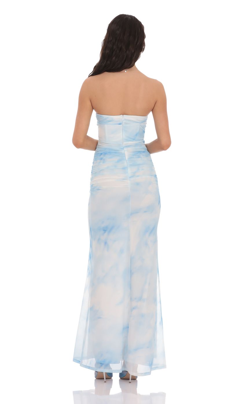 Lucy In The Sky Mesh Strapless Corset Maxi Dress in Blue Tie Dye