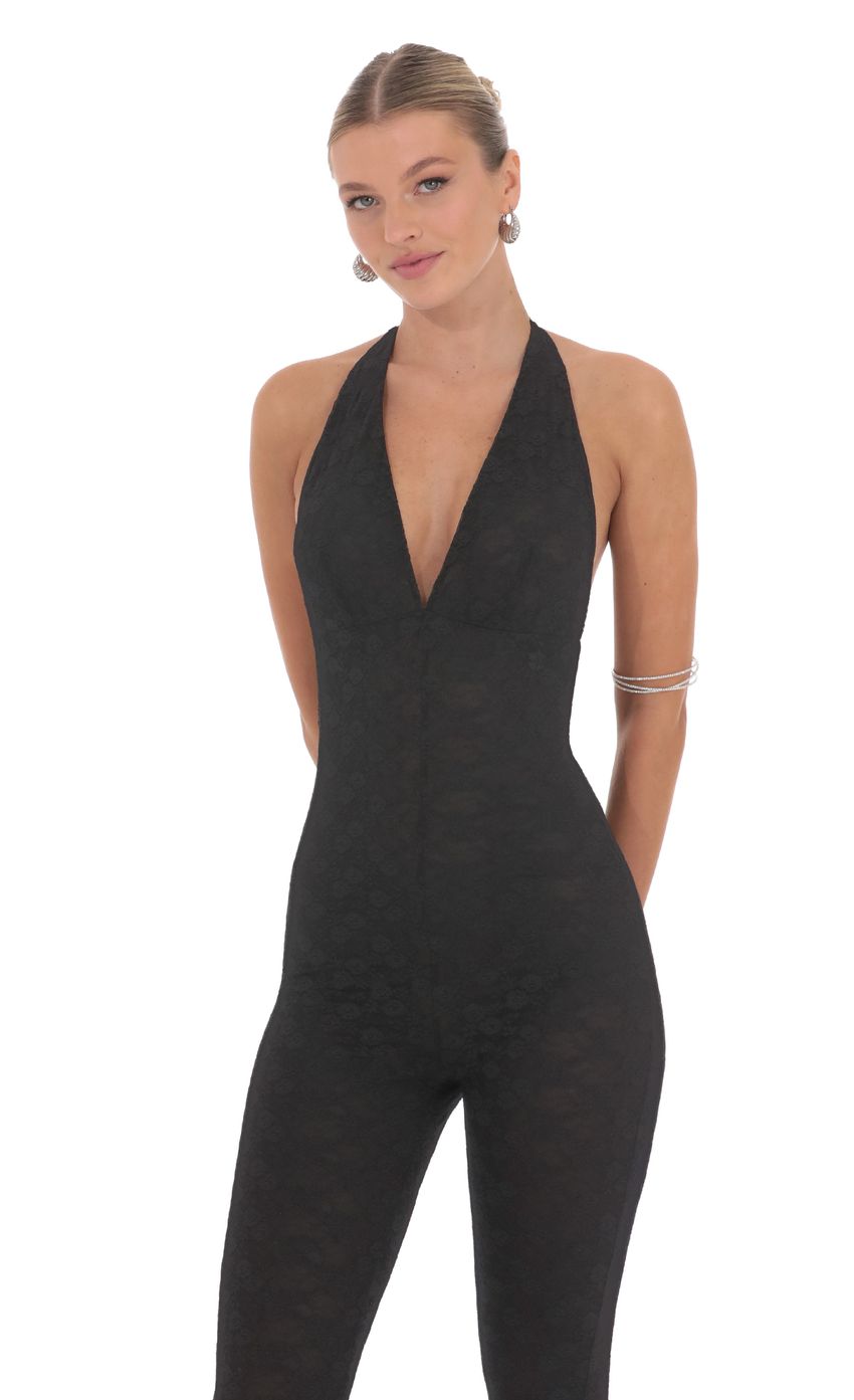 Lucy In The Sky Lace Halter Jumpsuit in Black